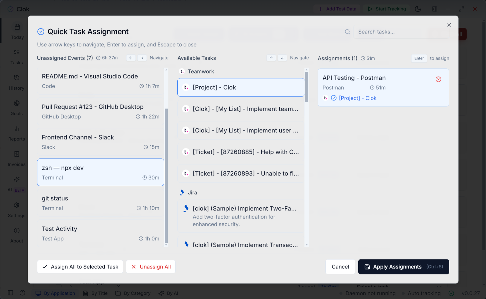 Quick Assignment interface showing keyboard shortcuts in action